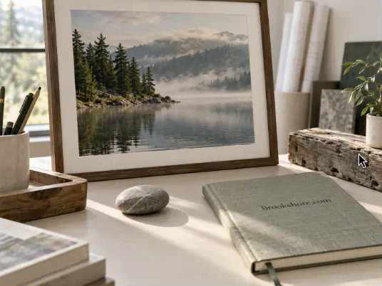 A quiet worktable with natural materials overlooking the water